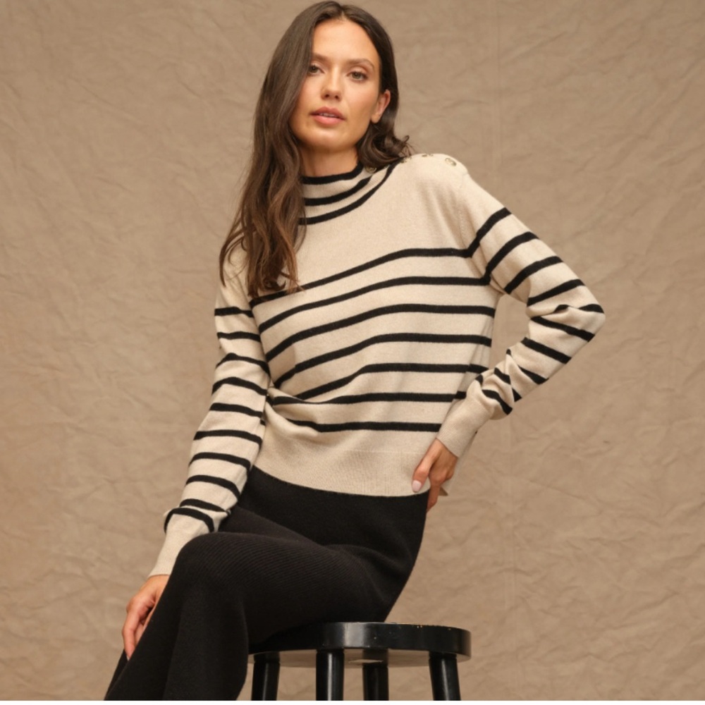 The Cashmere Project Striped Black and Cream Mock Neck NWT